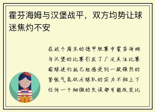霍芬海姆与汉堡战平，双方均势让球迷焦灼不安