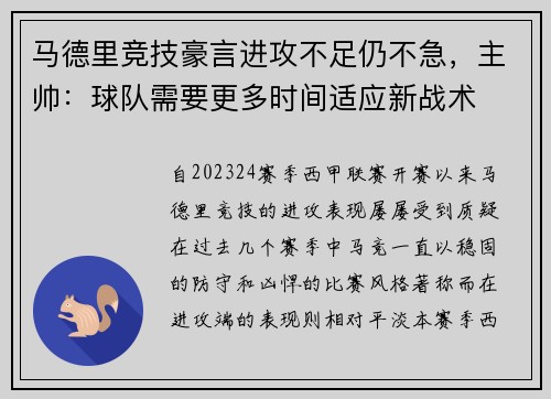 马德里竞技豪言进攻不足仍不急，主帅：球队需要更多时间适应新战术