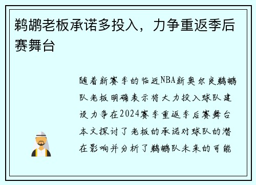 鹈鹕老板承诺多投入，力争重返季后赛舞台